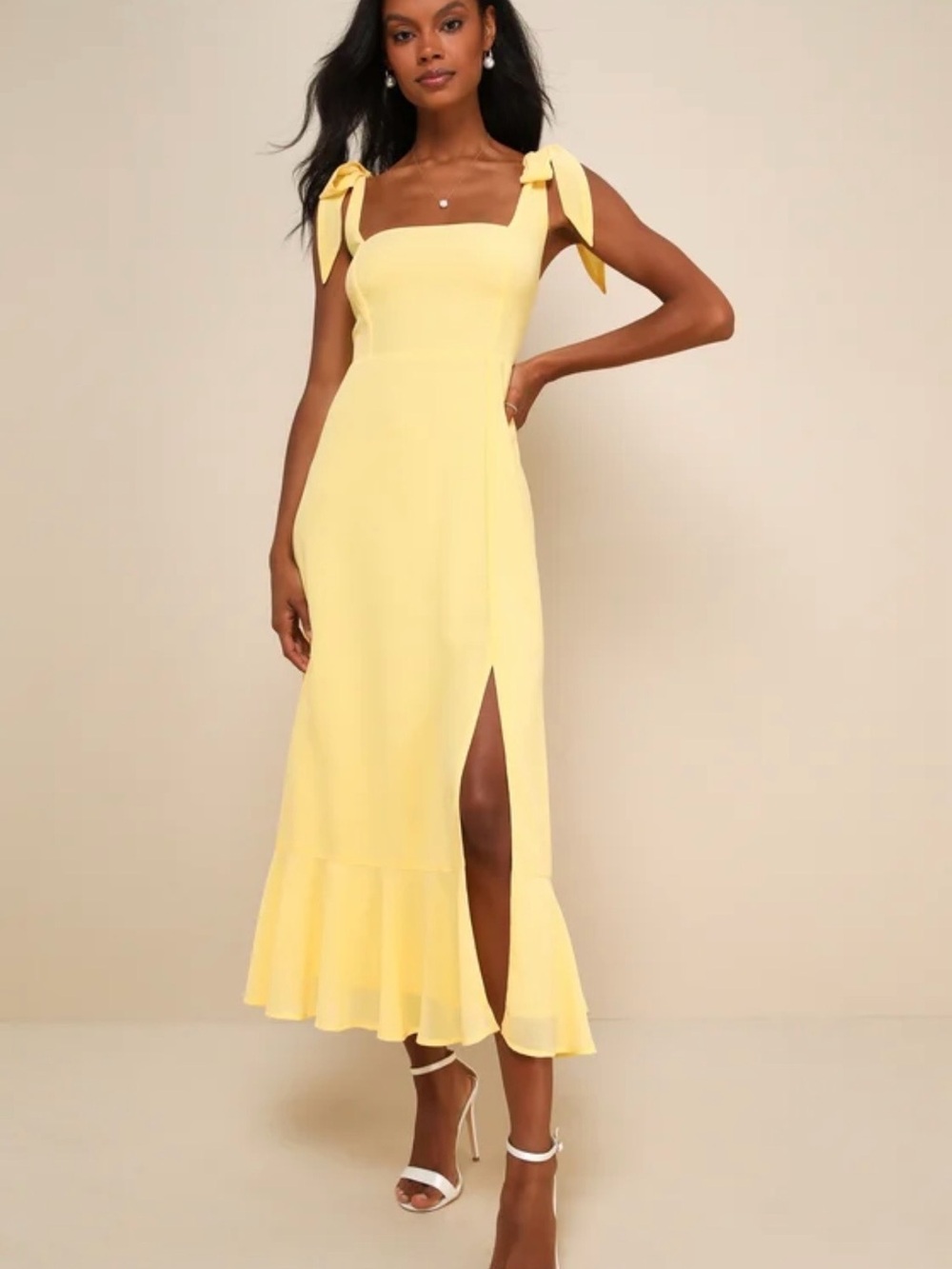 Sleeveless Tie-Shoulder Yellow Midi Dress